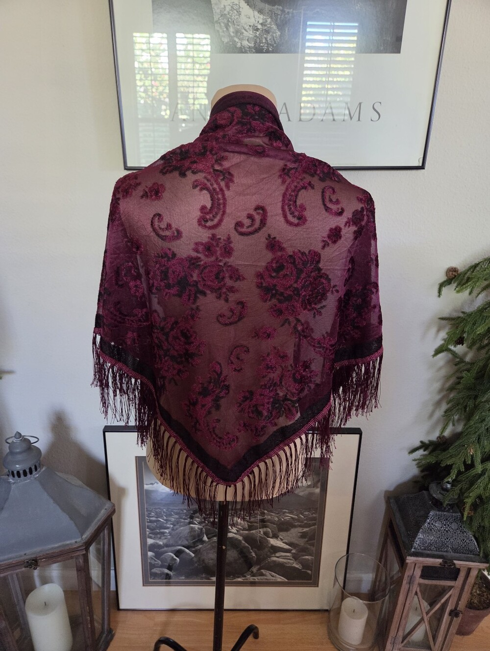 #46 Elegant Burgundy Floral Fringe Shawl - Women Accessories